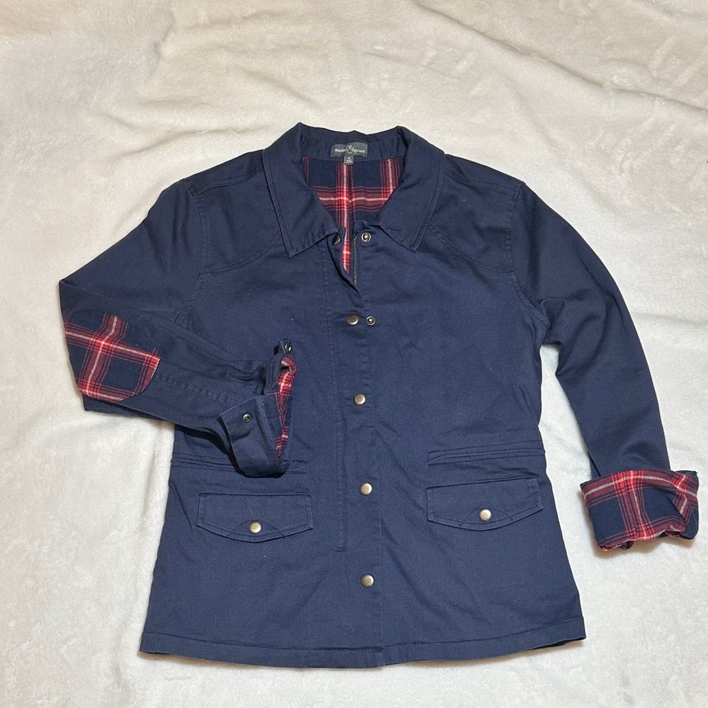 NWOT Market & Spruce navy Jacket with Red Plaid Details M
